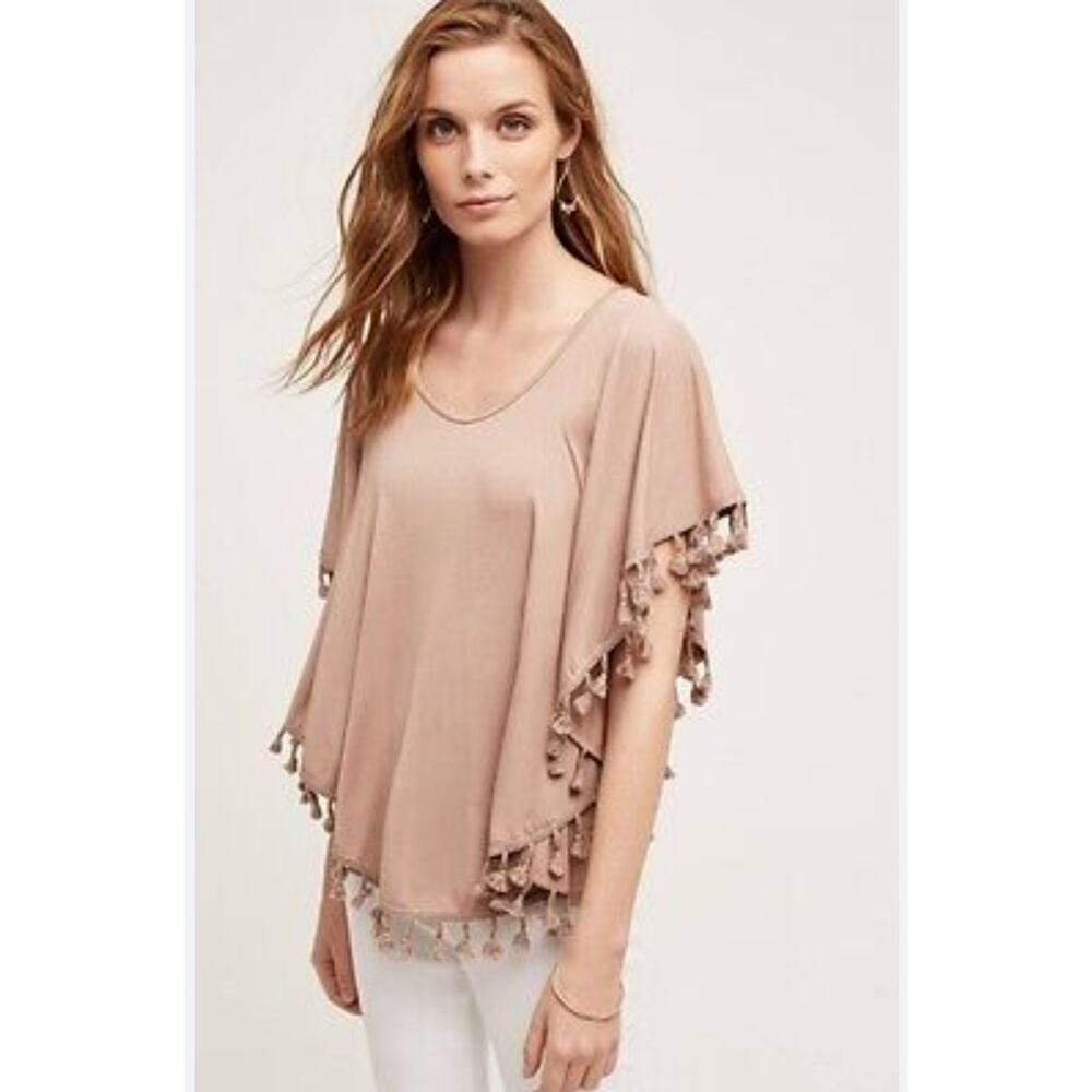 ANTHROPOLOGIE ERI+ALI sz M Tan Tasseled Poncho Layered Top EUC Boho Festival